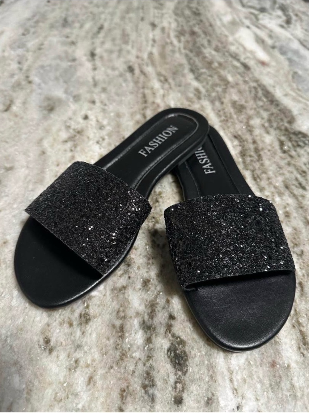 Women’s Size 6.5 Black Glitter Slide Sandals